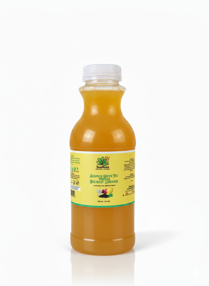 Organic Seamoss Green Tea Matcha Passionfruit Tea in a clear bottle with a colorful label.