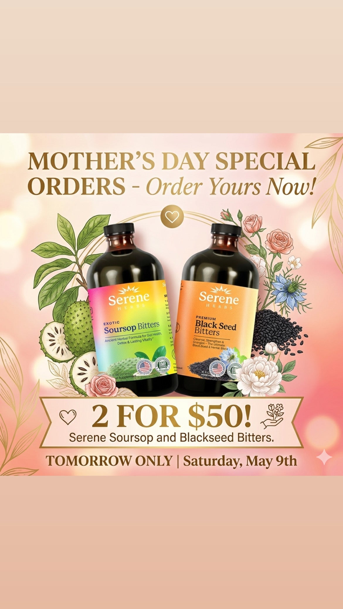 Serene Herbs Soursop Bitters & Blackseed Bitters  Mothers Day Special – Traditional Herbal Liquid Supplement, 16 fl oz