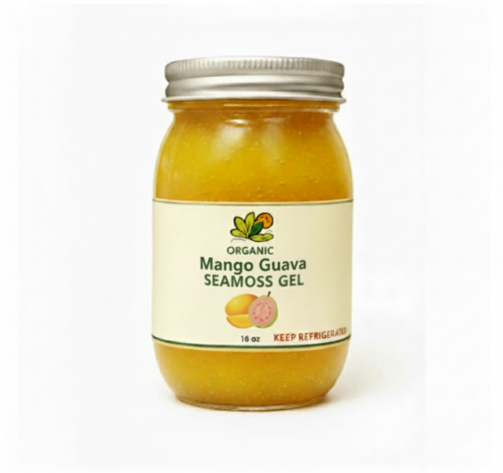 Organic Mango Guava Seamoss Gel in a jar, emphasizing its tropical flavor and health benefits.