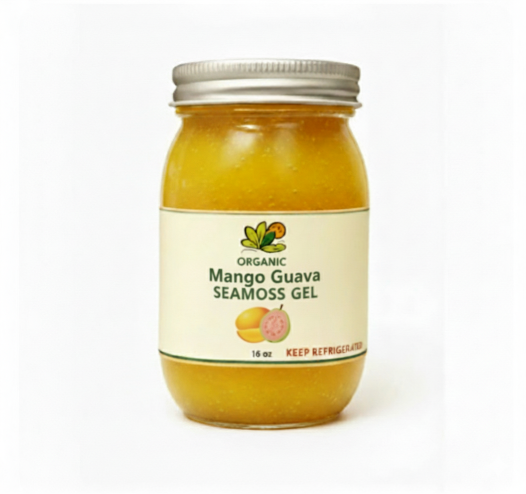 Organic Mango Guava Seamoss Gel in a jar, emphasizing its tropical flavor and health benefits.